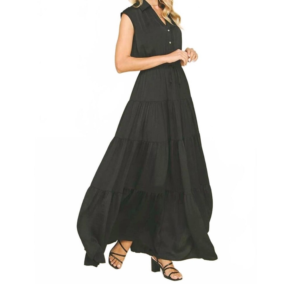 NWT pinch maxi sateen sleeveless tiered button down dress size L in black